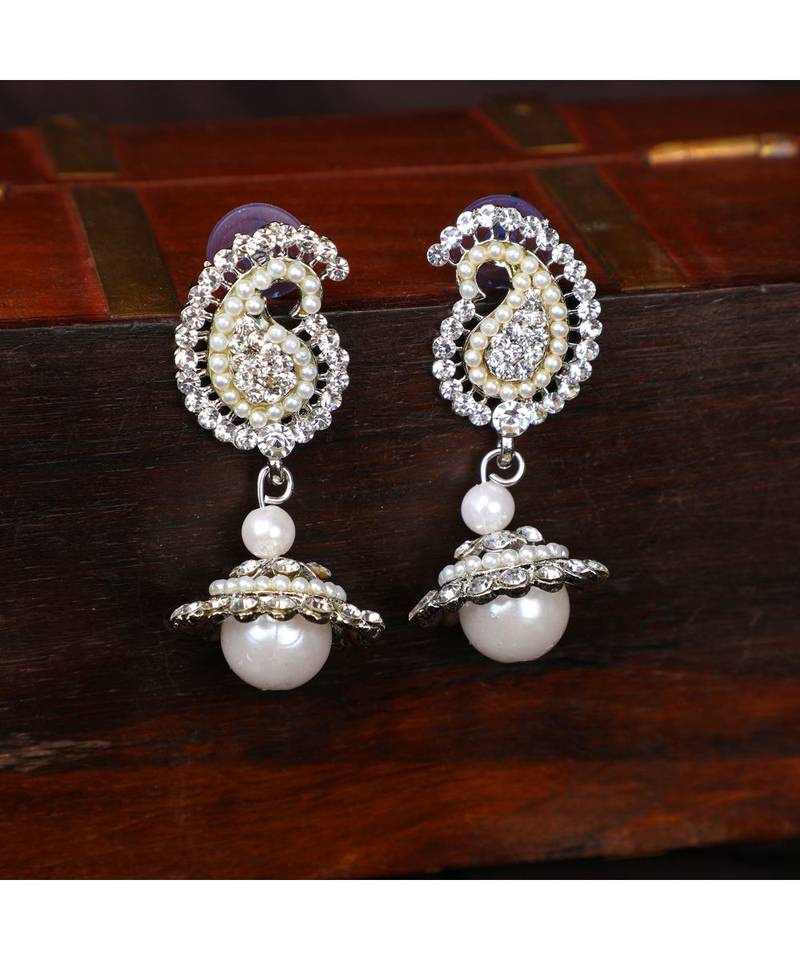 Silver Tone AD Studded Carry Shape Jhumka Earring With Pearl Drop