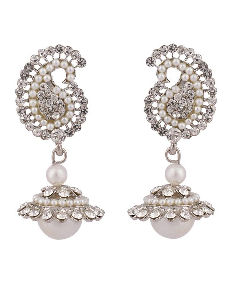 Silver Tone AD Studded Carry Shape Jhumka Earring With Pearl Drop