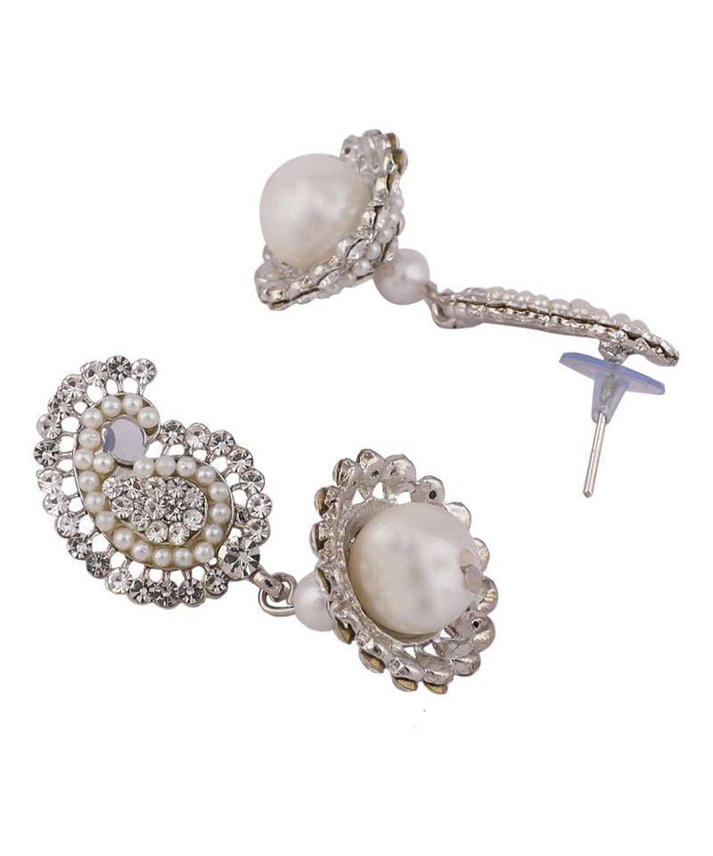 Silver Tone AD Studded Carry Shape Jhumka Earring With Pearl Drop