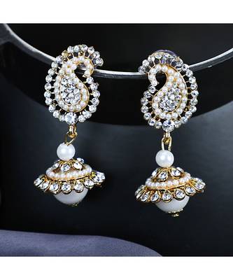 Gold Tone AD Studded Carry Shape Jhumka Earring With Pearl Drop 1