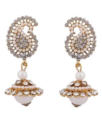 Gold Tone AD Studded Carry Shape Jhumka Earring With Pearl Drop 2