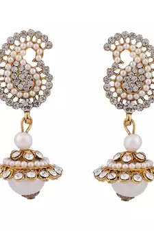 Gold Tone AD Studded Carry Shape Jhumka Earring With Pearl Drop