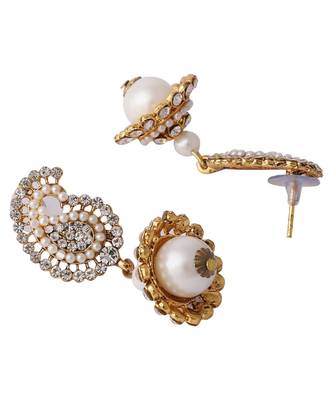 Gold Tone AD Studded Carry Shape Jhumka Earring With Pearl Drop 3