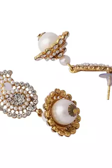 Gold Tone AD Studded Carry Shape Jhumka Earring With Pearl Drop