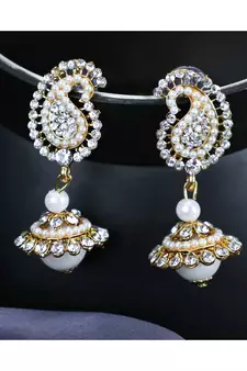 Gold Tone AD Studded Carry Shape Jhumka Earring With Pearl Drop