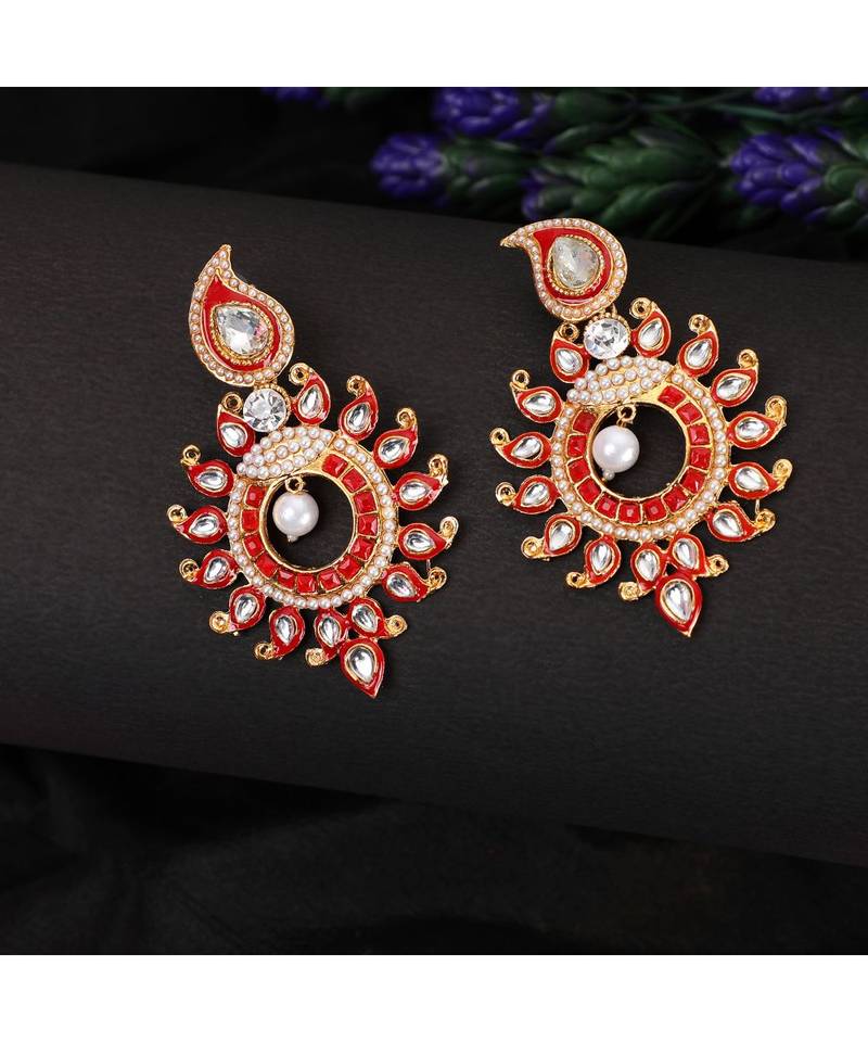 Designer Gold Plated Red Sun Motif Trendsetting Chandbali