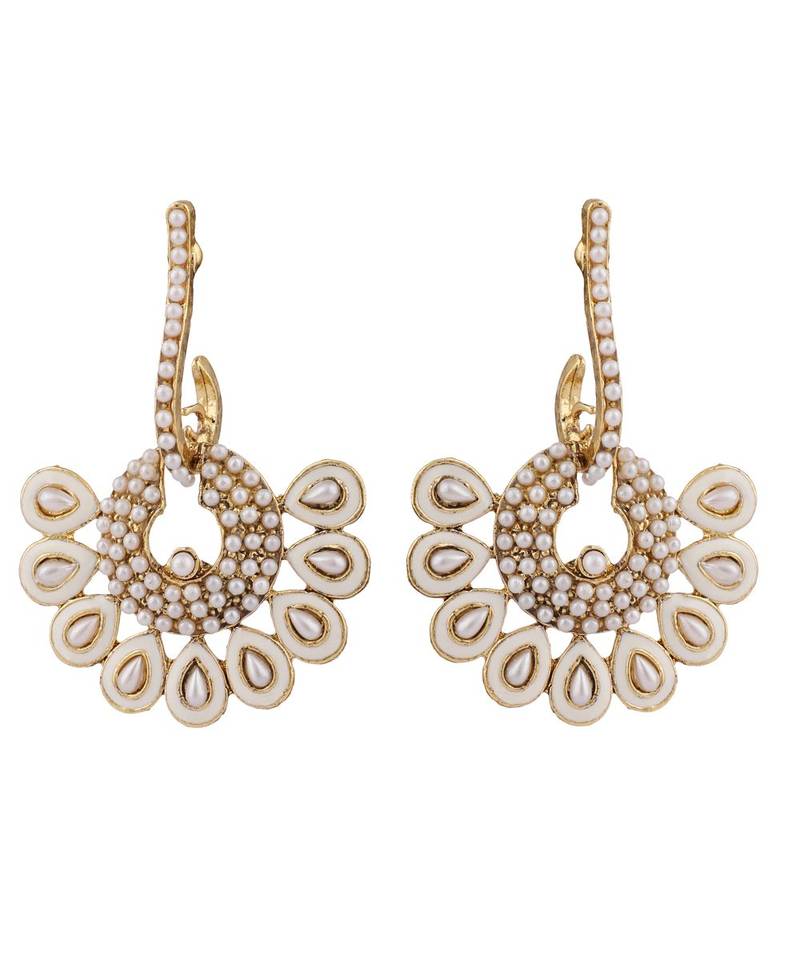 Gold Plated Floral Designed White Meenakari With Stone Studded Pattern Chandbali