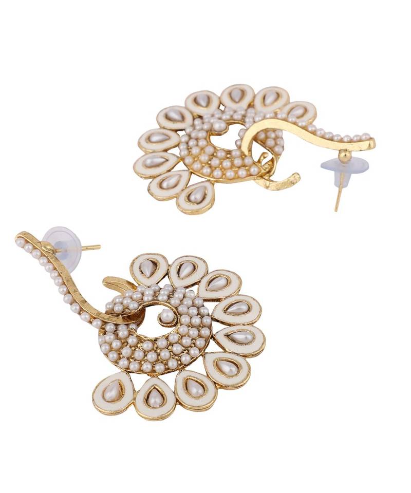 Gold Plated Floral Designed White Meenakari With Stone Studded Pattern Chandbali