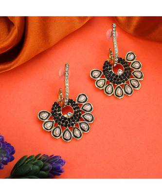 Gold Plated Floral Designed Blue Meenakari With Stone Studded Pattern Chandbali 1