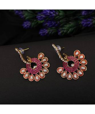Gold Plated Floral Designed Magenta Meenakari With Stone Studded Pattern Chandbali 1