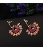 Gold Plated Floral Designed Magenta Meenakari With Stone Studded Pattern Chandbali