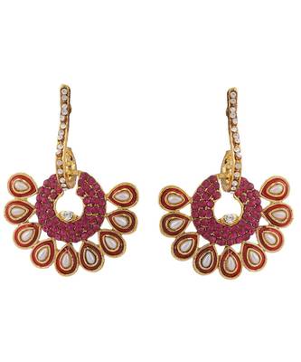 Gold Plated Floral Designed Magenta Meenakari With Stone Studded Pattern Chandbali 2