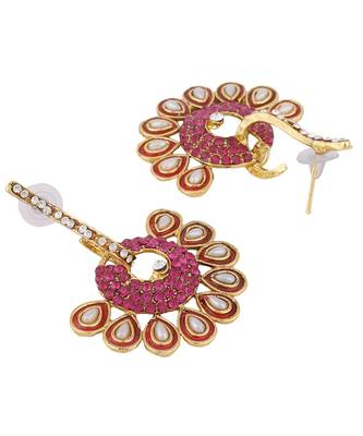 Gold Plated Floral Designed Magenta Meenakari With Stone Studded Pattern Chandbali 3