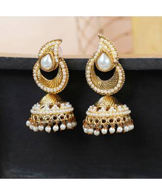 Gold tone White Pearl Studded Designer Jhumka  Jhumki Earring 1
