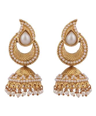 Gold tone White Pearl Studded Designer Jhumka  Jhumki Earring 2