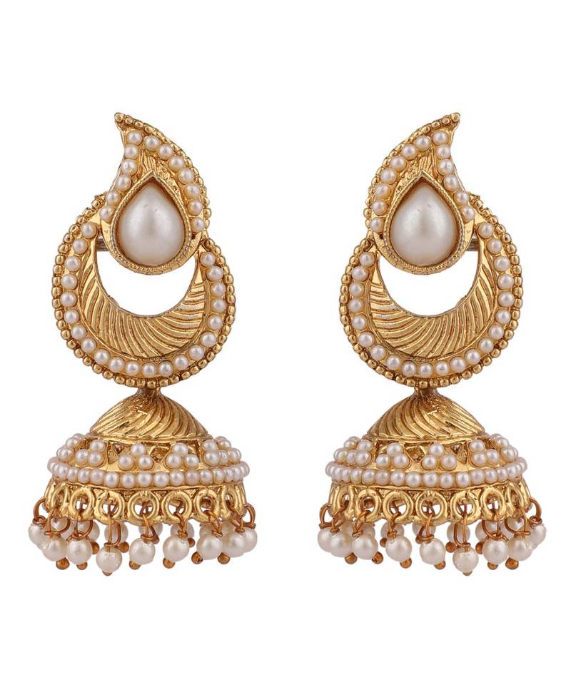 Gold tone White Pearl Studded Designer Jhumka  Jhumki Earring