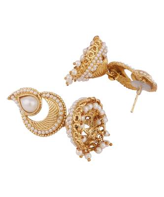 Gold tone White Pearl Studded Designer Jhumka  Jhumki Earring 3