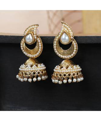 Gold tone White Pearl Studded Designer Jhumka  Jhumki Earring 4