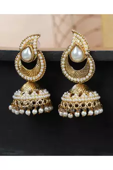 Gold tone White Pearl Studded Designer Jhumka  Jhumki Earring