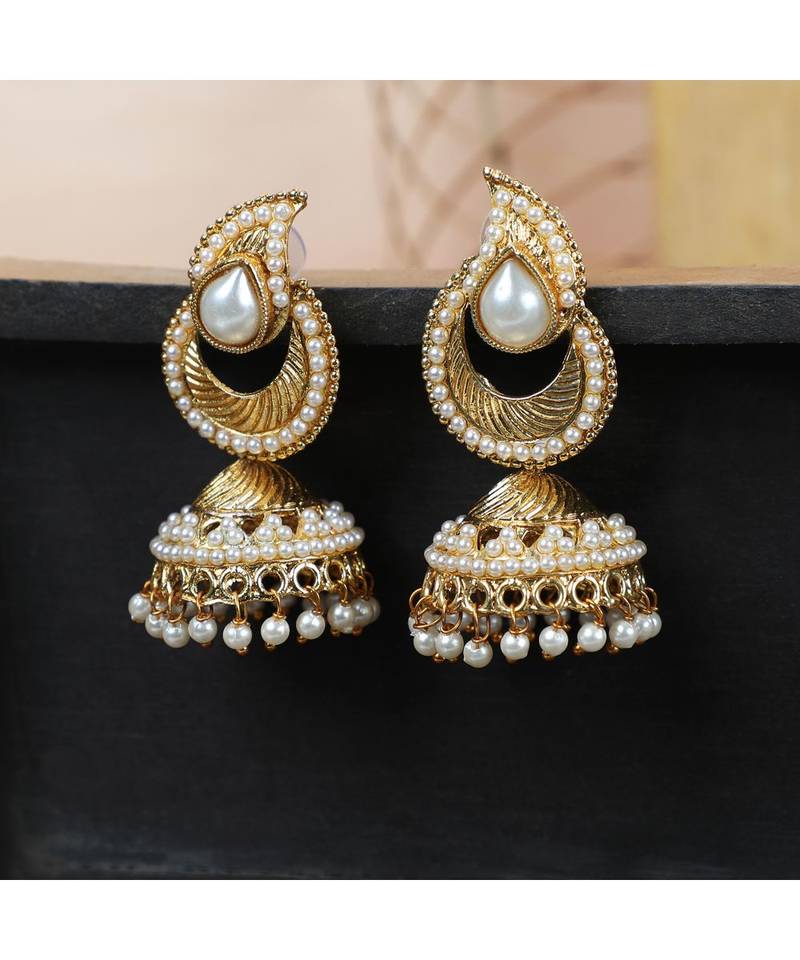 Gold tone White Pearl Studded Designer Jhumka  Jhumki Earring