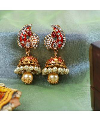 Traditional Gold Plated Red Meenakari Carry Shape Jhumka Earring 1
