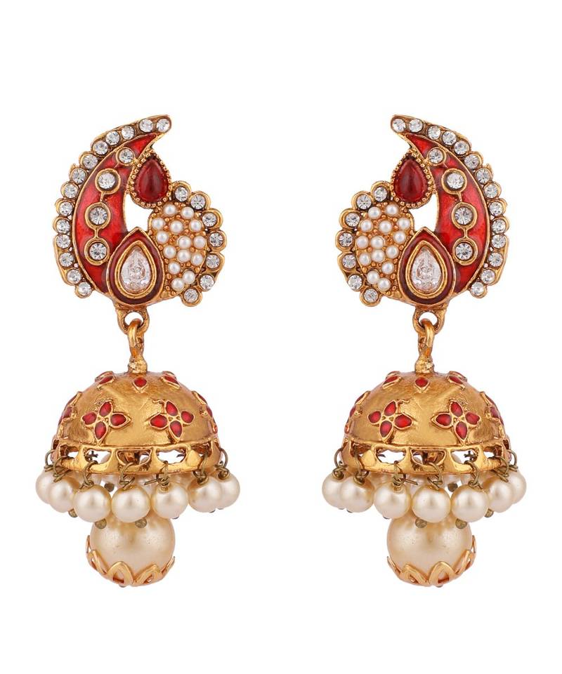 Traditional Gold Plated Red Meenakari Carry Shape Jhumka Earring