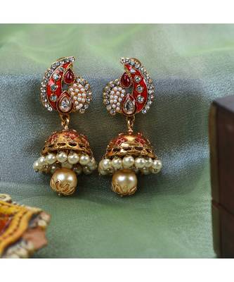 Traditional Gold Plated Red Meenakari Carry Shape Jhumka Earring 4