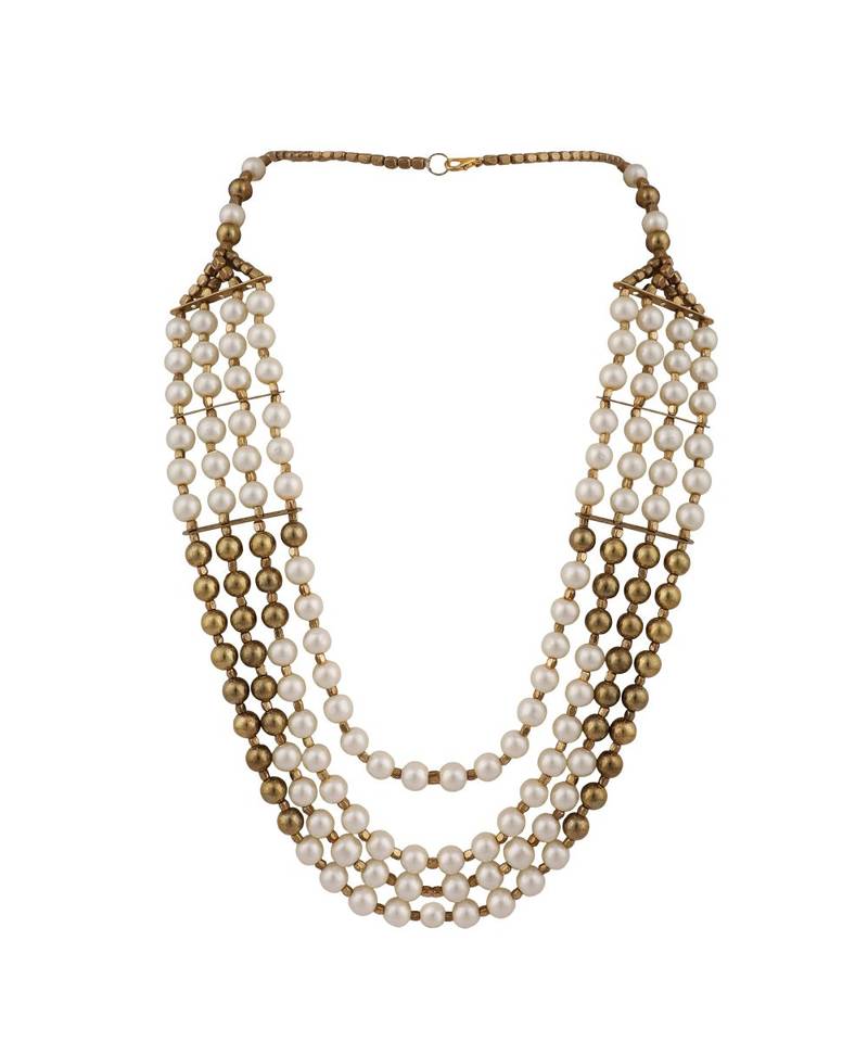Gold and White Pearl Multi String Western Look Designer Necklace