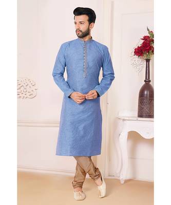 Blue plain jaquard kurta-pajama 1