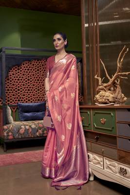 Light pink woven organza saree with blouse 1