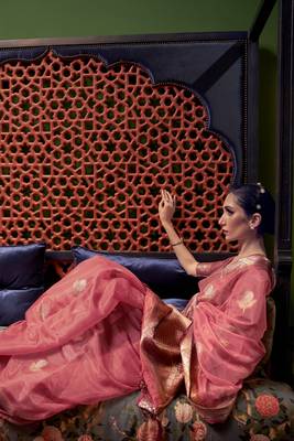 Light pink woven organza saree with blouse 2