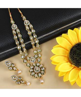 Designer Floral Shape Kundan Stone Studded 2 Layer Necklace with Earrings 1