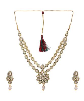 Designer Floral Shape Kundan Stone Studded 2 Layer Necklace with Earrings 2