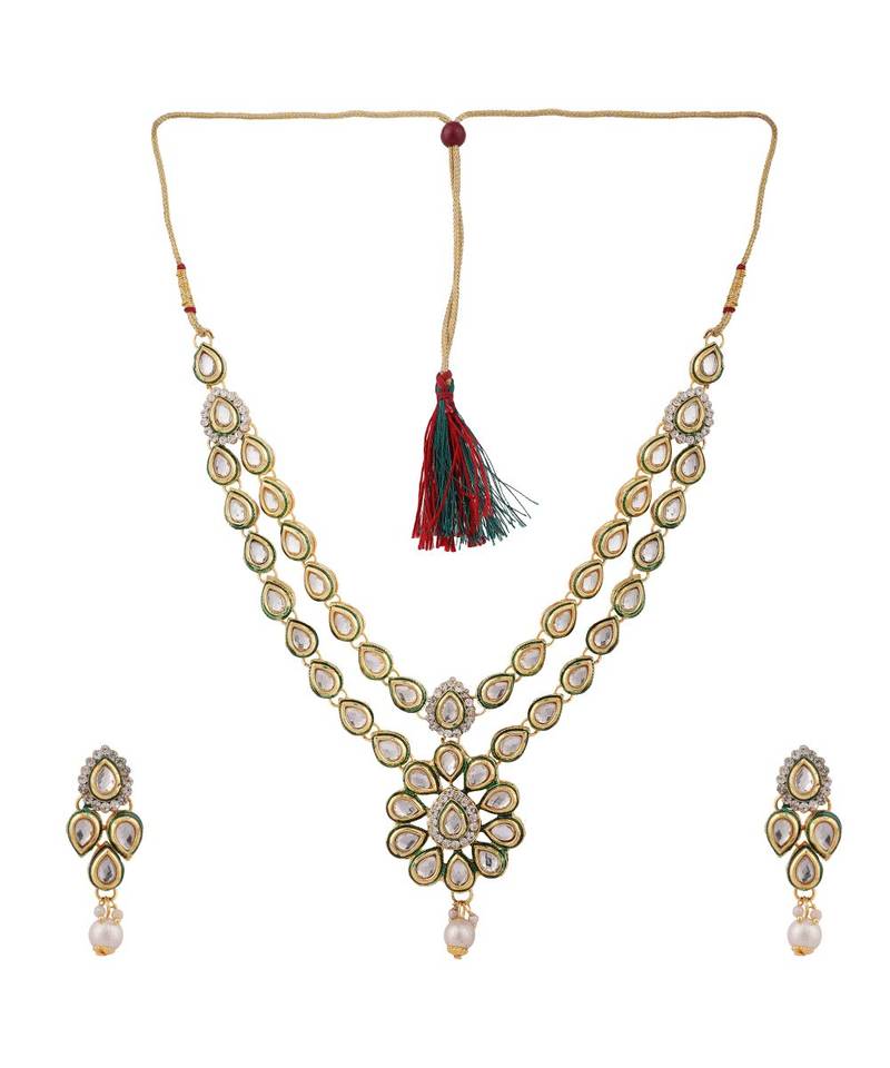 Designer Floral Shape Kundan Stone Studded 2 Layer Necklace with Earrings