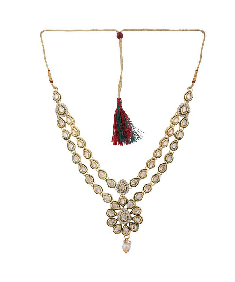 Designer Floral Shape Kundan Stone Studded 2 Layer Necklace with Earrings