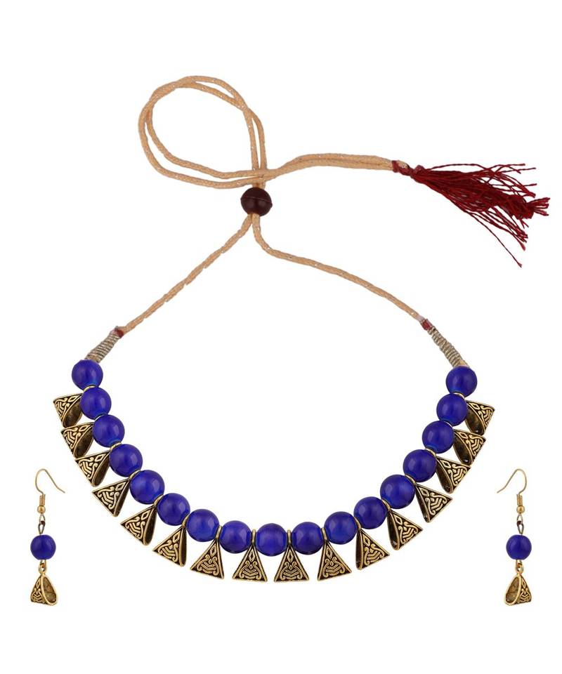 Stylish Sleek Necklace with Blue Beads And Antique Touch Pattern