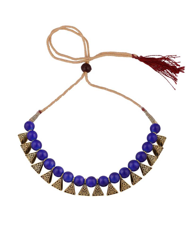 Stylish Sleek Necklace with Blue Beads And Antique Touch Pattern