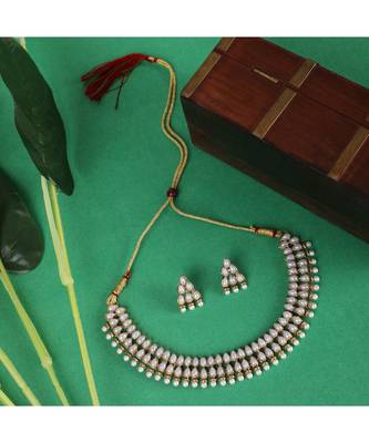 Gold Plated Tear Drop Shaped Pearls Studded 2 Line Jewellery set with Stud Earrings 1