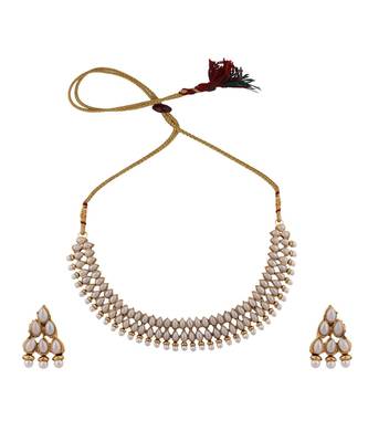 Gold Plated Tear Drop Shaped Pearls Studded 2 Line Jewellery set with Stud Earrings 2