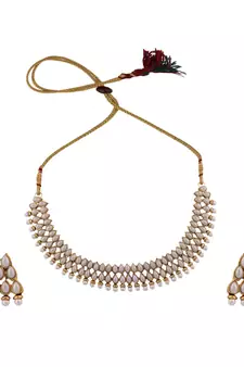 Gold Plated Tear Drop Shaped Pearls Studded 2 Line Jewellery set with Stud Earrings