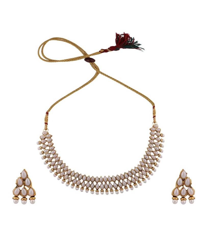 Gold Plated Tear Drop Shaped Pearls Studded 2 Line Jewellery set with Stud Earrings