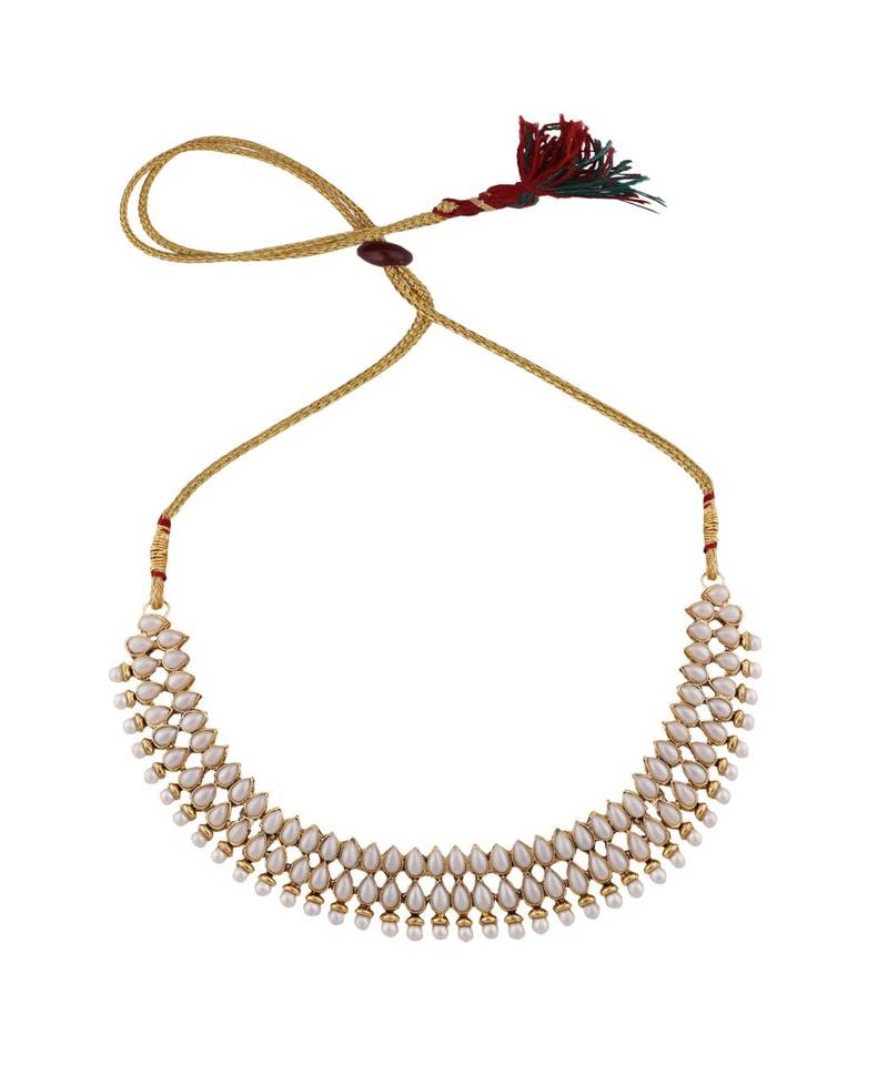 Gold Plated Tear Drop Shaped Pearls Studded 2 Line Jewellery set with Stud Earrings