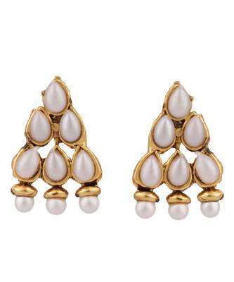 Gold Plated Tear Drop Shaped Pearls Studded 2 Line Jewellery set with Stud Earrings 5