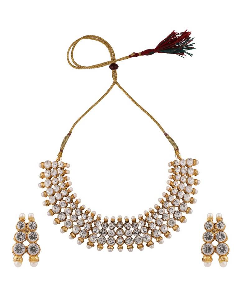 Gold Plated Round Shaped Stone Pearls Studded 3 Line Jewellery set with Stud Earrings