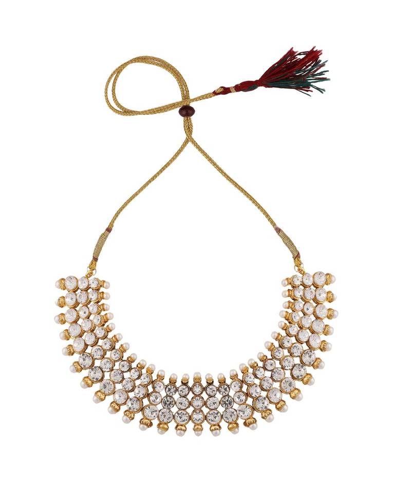 Gold Plated Round Shaped Stone Pearls Studded 3 Line Jewellery set with Stud Earrings