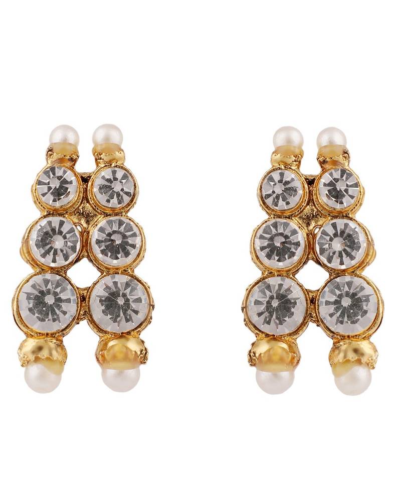 Gold Plated Round Shaped Stone Pearls Studded 3 Line Jewellery set with Stud Earrings