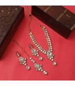 Designer Floral Shape Kundan Stone Studded Necklace with Earrings and Maangtika