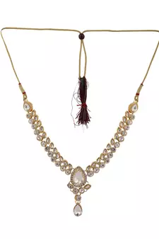 Designer Floral Shape Kundan Stone Studded Necklace with Earrings and Maangtika