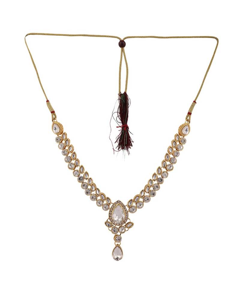 Designer Floral Shape Kundan Stone Studded Necklace with Earrings and Maangtika