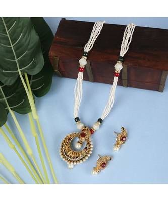 Gold Plated Antique Round Pendant Style Pearl And Stone Jewellery Set 1